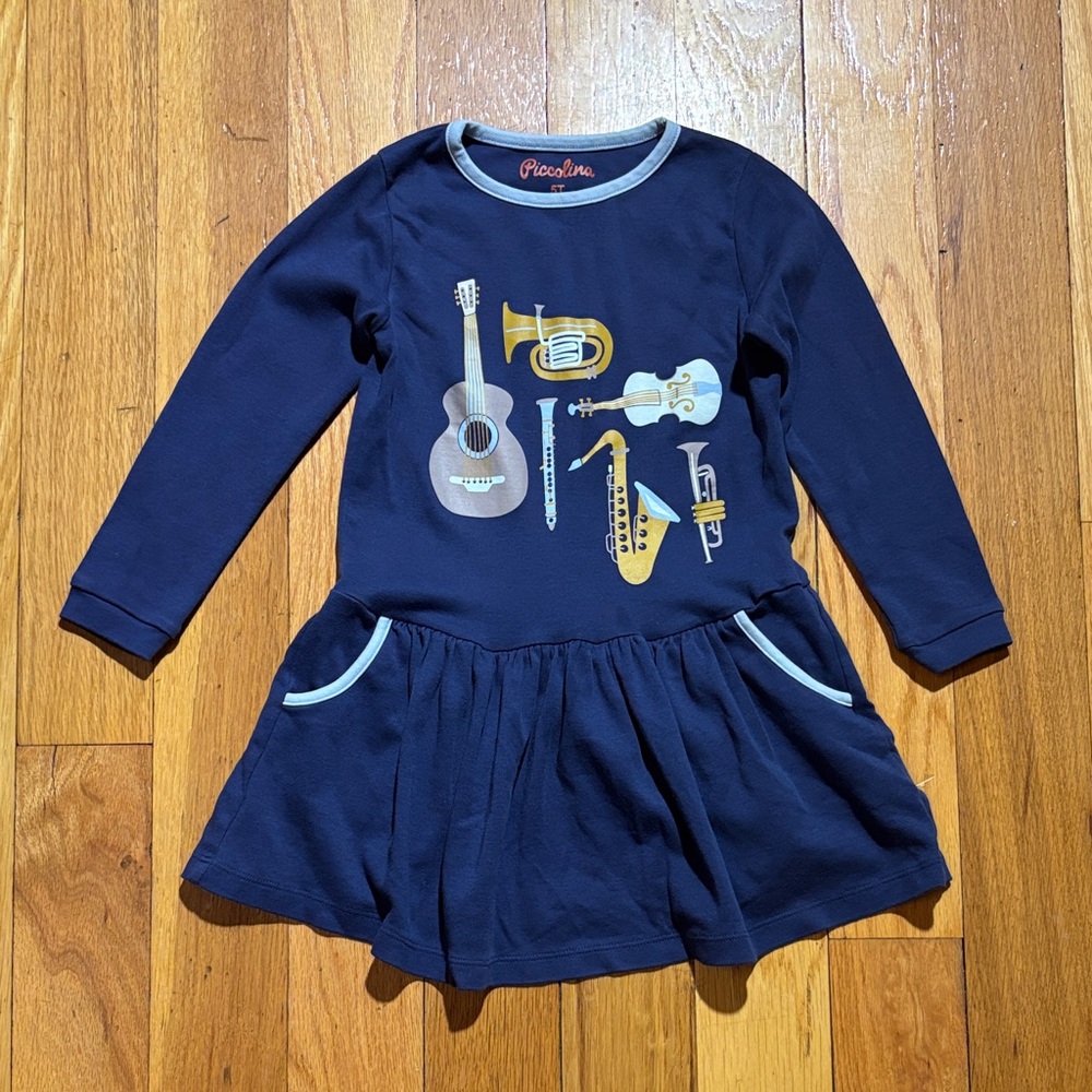 Piccolina Blue‎ Long Sleeve Dress with Musical Instruments